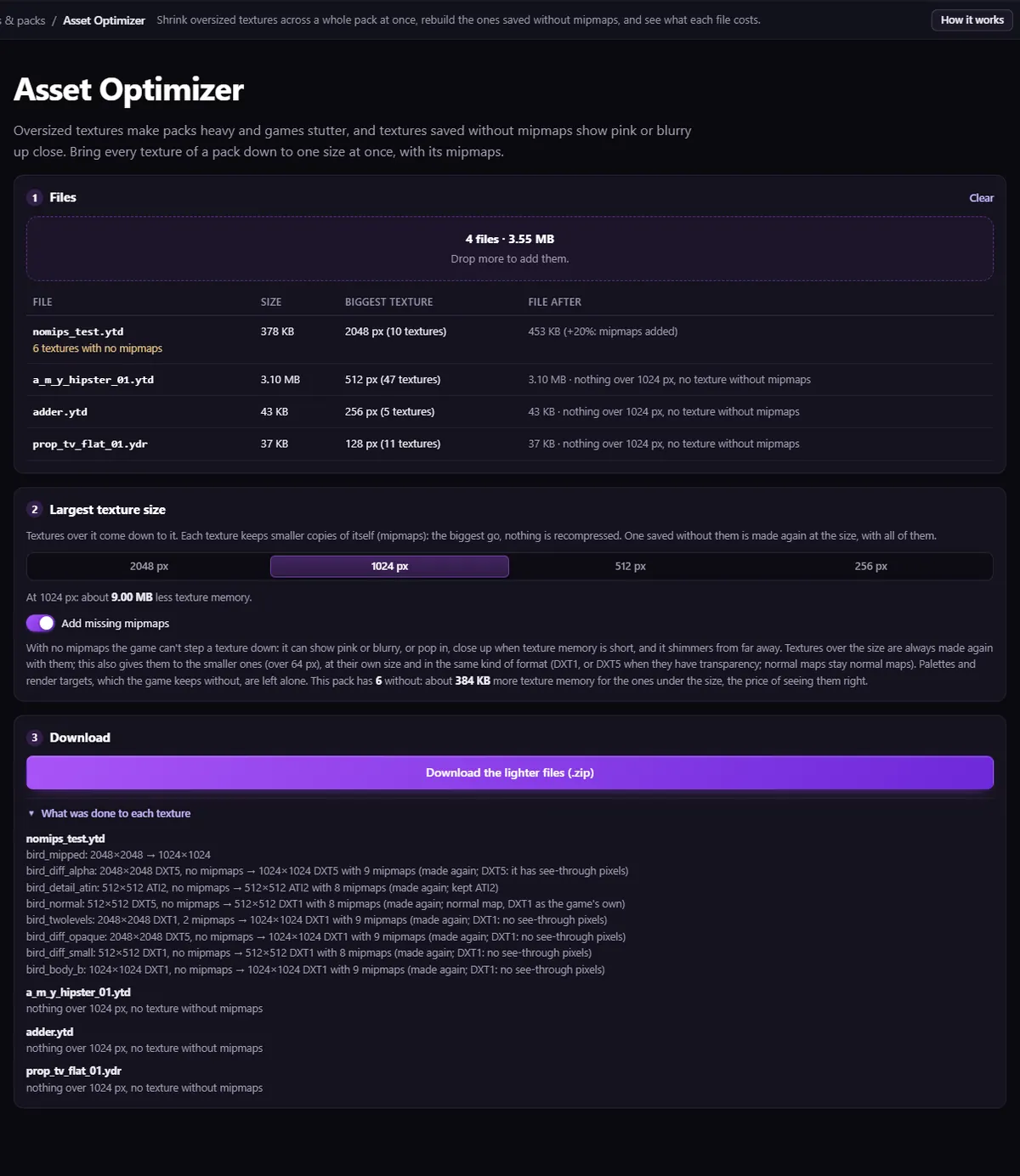 Asset Optimizer après une exécution : le tableau des fichiers avec la taille finale et les notes sur chaque texture, comme une DXT5 2048 sans mipmaps refaite à 1024 avec 9 mipmaps
