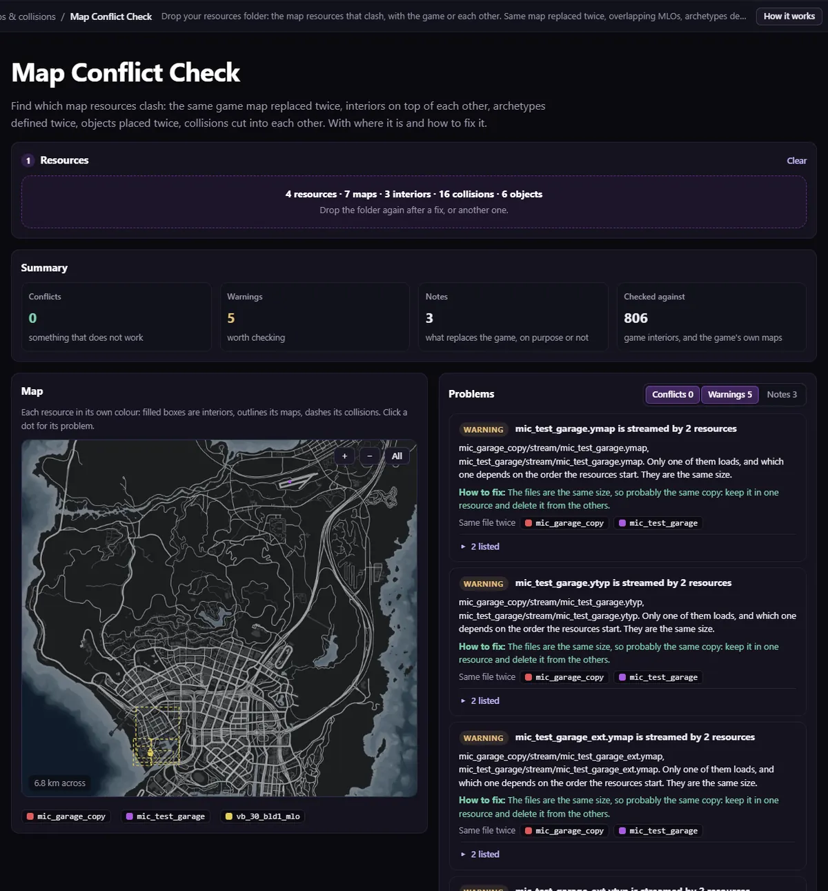 Map Conflict Check on four test resources: the summary, the radar map with the resources' boxes, and warnings for files streamed by two resources, each with how to fix it