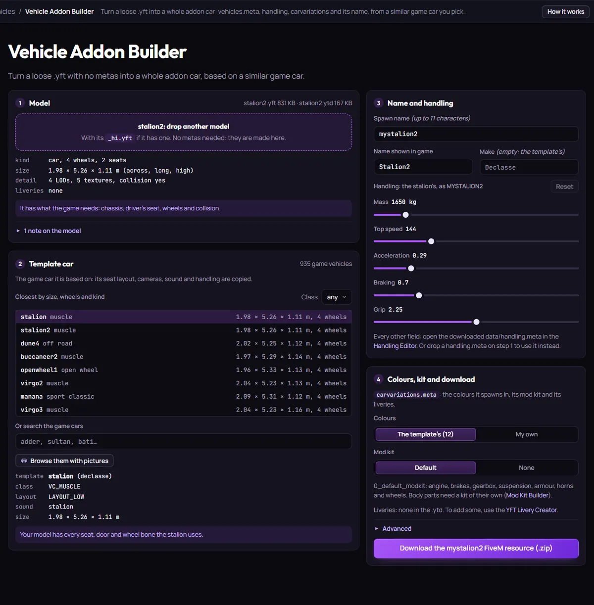 Vehicle Addon Builder with a loose .yft and .ytd dropped: what the model has, the closest game cars by size, wheels and kind, the spawn name and handling sliders, and the download