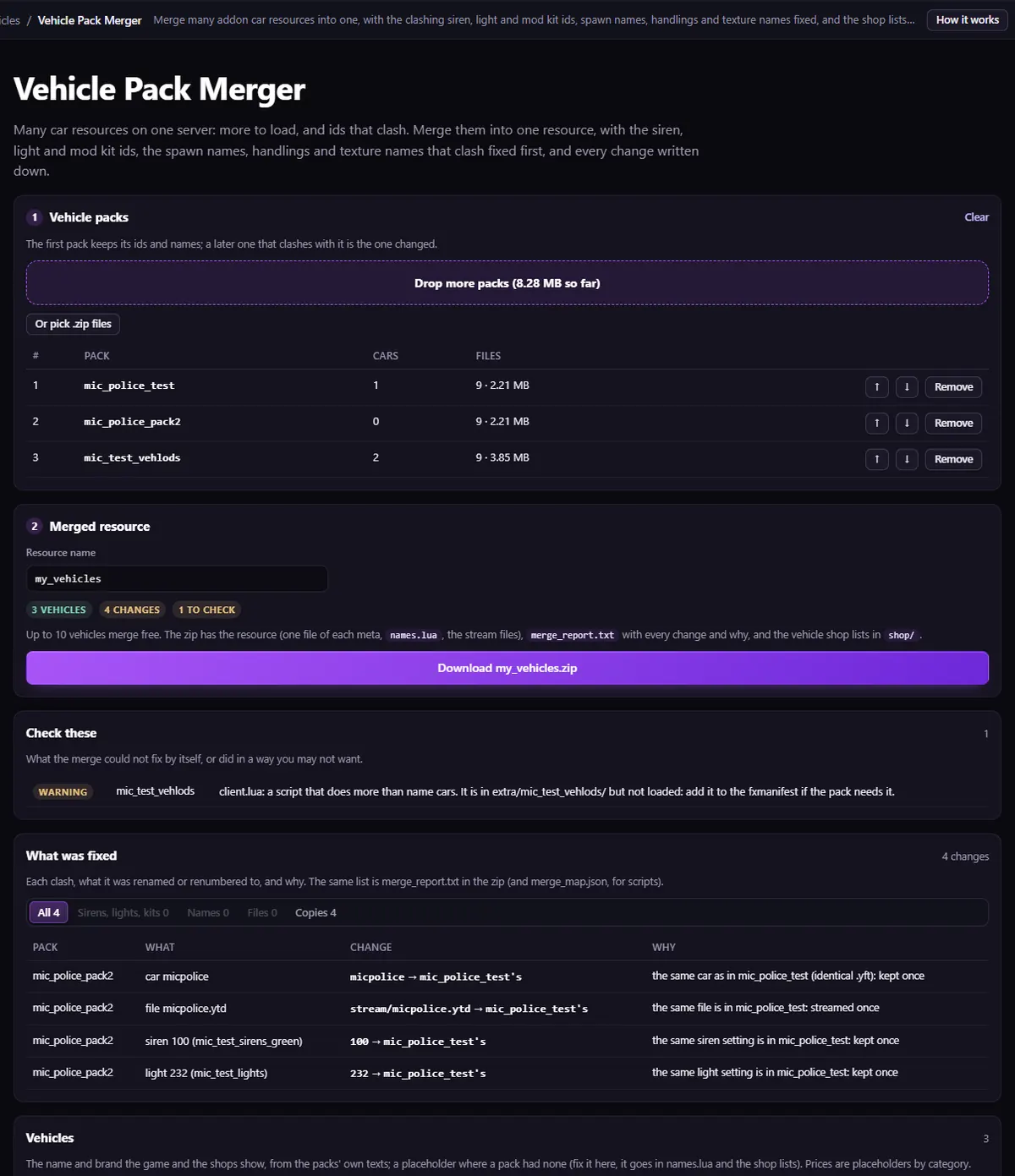 Vehicle Pack Merger avec trois packs de test, dont une copie : les packs dans l'ordre, ce qu'il faut vérifier et les quatre corrections faites, avec le pourquoi de chacune